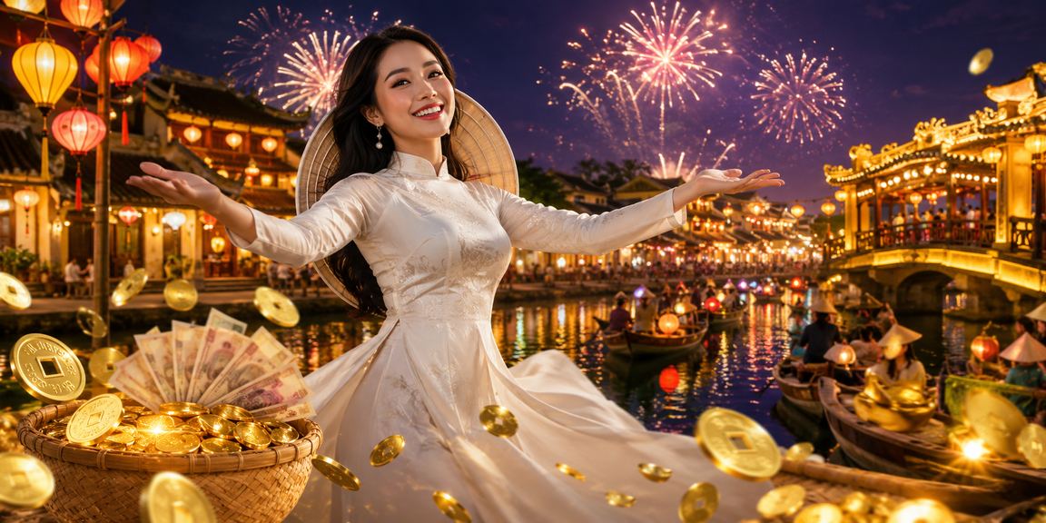 Người phụ nữ Huế đội nón lá kiểm tra thưởng hoàn tiền cashback trên ứng dụng xsstr